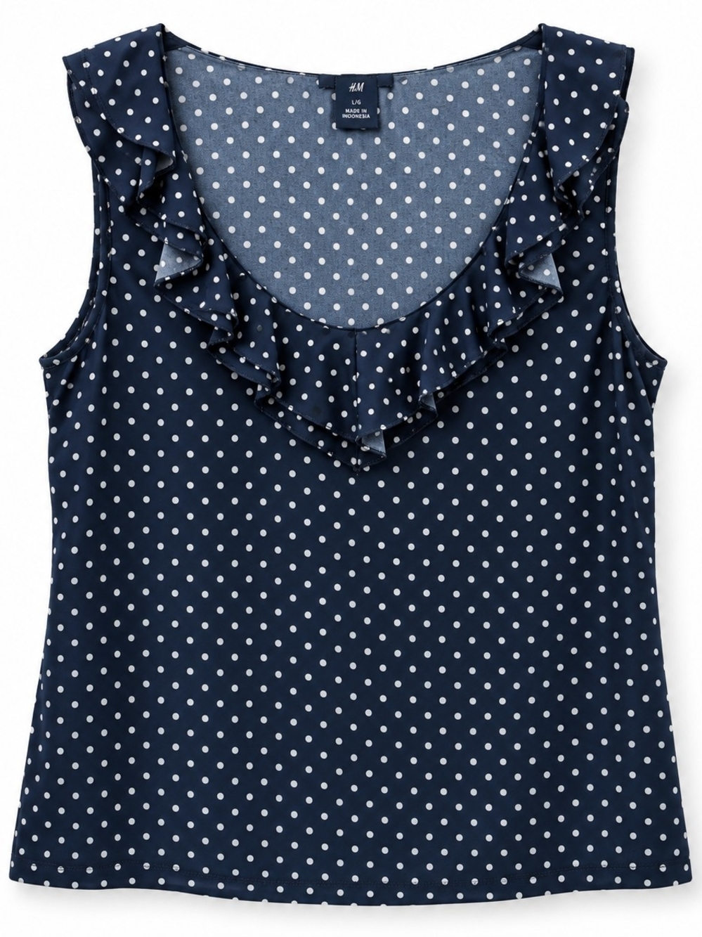 Chaps Navy & White Polka Dot Ruffle Sleeveless Blouse Women's Xlg